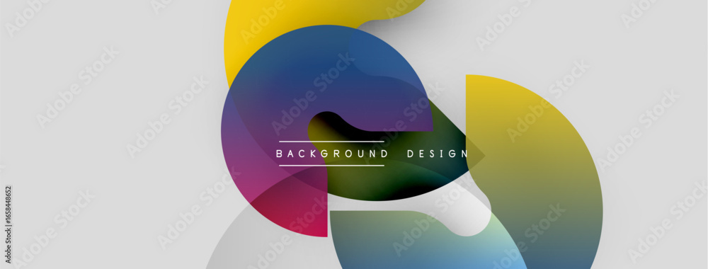 Poster abstract colorful shapes overlap, creating dynamic visual composition. background features gradients