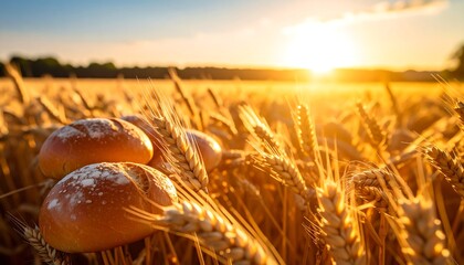 Golden wheat field with bread