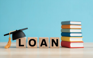 Student loan and college tuition debt concept, featuring a graduation cap on wooden blocks and a stack of books, representing education financing.