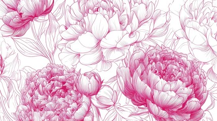 Detailed illustration of pink peonies with white background.