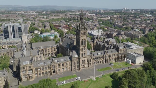 Aerial view of the University of Glasgow located in Glasgow, Scotland. Beautiful traditional architecture