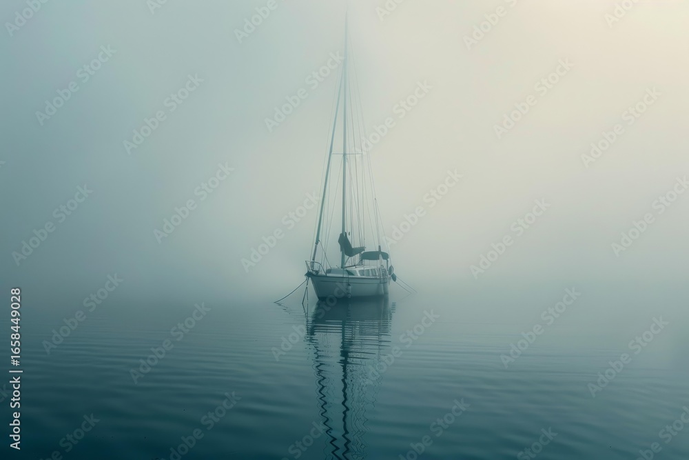 Poster Sailboat floating on calm water surrounded by dense fog creating a mysterious and tranquil atmosphere
