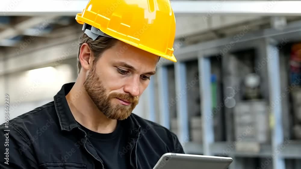 Poster construction worker reviews safety protocols while using a tablet in an indoor facility during worki