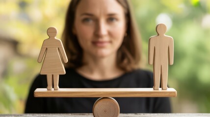 Woman standing behind balanced wooden scale with male and female figures symbolizing gender equality and balance in society.