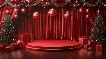 A festive Christmas-themed background with a red curtain, hanging ornaments, gift boxes, and a blank podium ready for holiday promotions and celebrations.