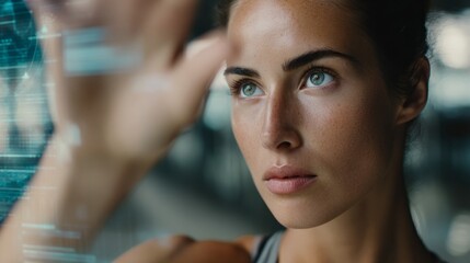 Young woman interacting with futuristic technology in a modern workspace environment