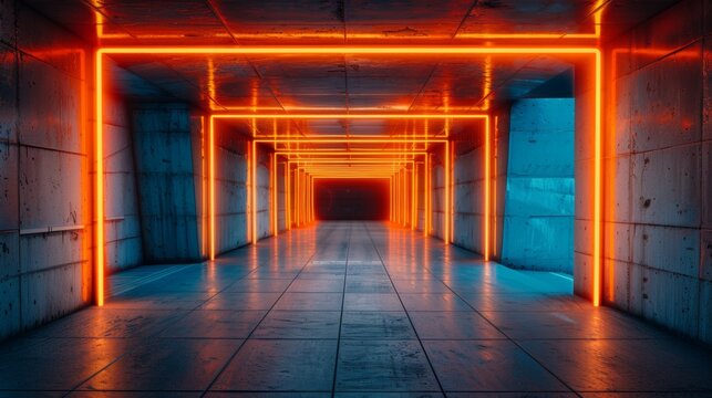 A breathtaking neon tunnel is beautifully illuminated by vibrant orange lights and mesmerizing reflective surfaces
