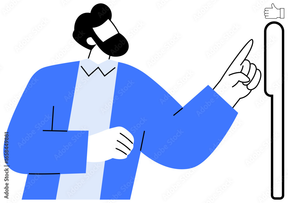 Poster animated person gesturing towards thumb approval icon, emphasizing interaction and feedback. ideal f