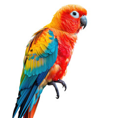 Fototapeta premium and keyword list based on the image.. Colorful Parrot Perched, Isolated on Dark Background, Tropical Bird Profile.
