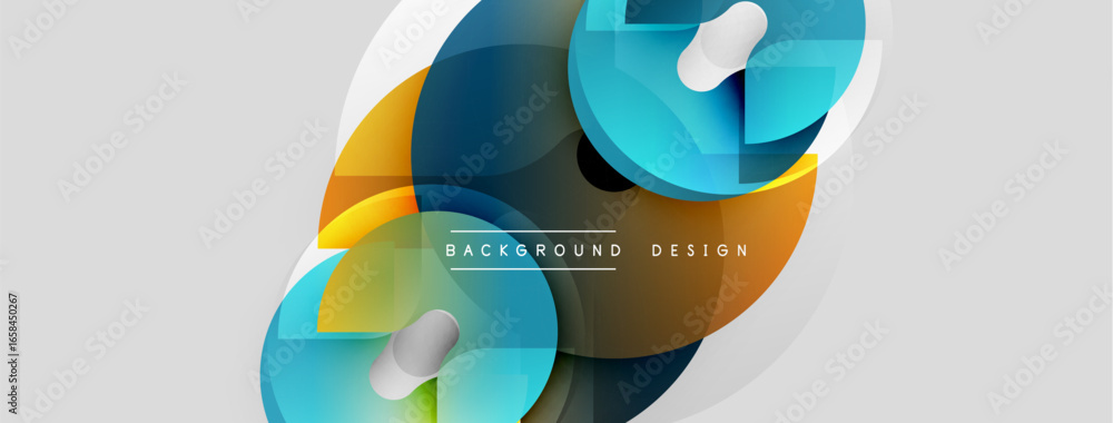 Poster abstract design features overlapping colorful shapes, gradients, white elements. modern background s
