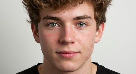Portrait of a young man with fair skin, green eyes, and light brown hair, focused on facial features and clear complexion.