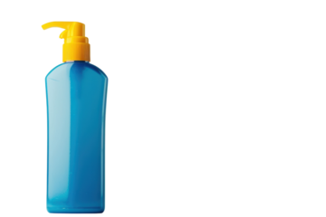 Blue sunscreen bottle with yellow pump for skin protection, summer