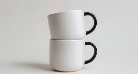 Fototapeta premium Minimalist Still Life. Stacked White Ceramic Mugs with Black Handles, Clean Aesthetic.