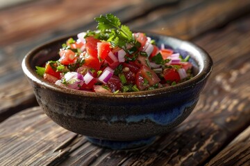 Bowl of pico de gallo or salsa fresca, made with chopped tomato, red onion, cilantro and spices, sitting on rustic wooden table