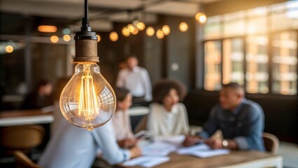 Edison lightbulb hangs from above, radiating a warm, inviting glow, its filament clearly visible and bright. Below it, in soft focus, a group of diverse professionals are seated around a conference ta