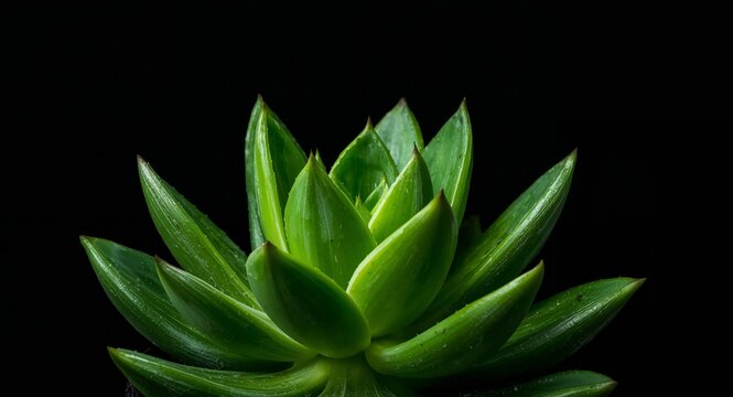 Green Succulent Plant with Sharp Leaves and Water Droplets on Black Background.