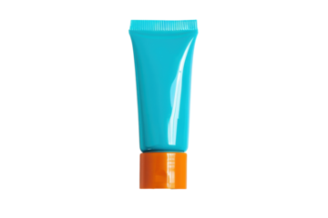 Blue sunblock tube with orange cap for skin protection, summer