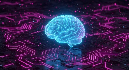 A neon blue brain hovers over a dark circuit board glowing with pink energy lines, symbolizing AI, technology, and cognitive power.
