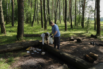 Volunteers engaged in park cleanup effort, standing among fallen logs and trees, working together...