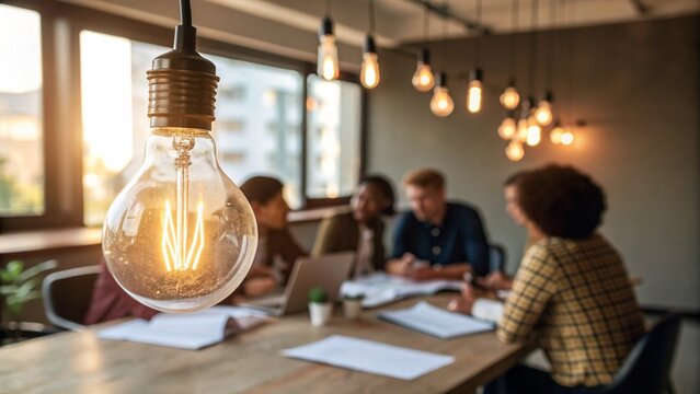 Edison lightbulb hangs from above, radiating a warm, inviting glow, its filament clearly visible and bright. Below it, in soft focus, a group of diverse professionals are seated around a conference ta