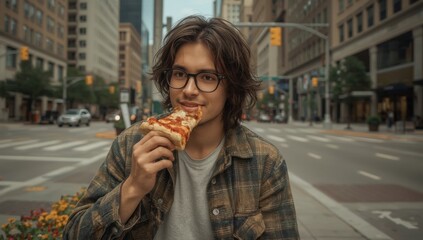 Young man enjoying a slice of pizza on a busy city street