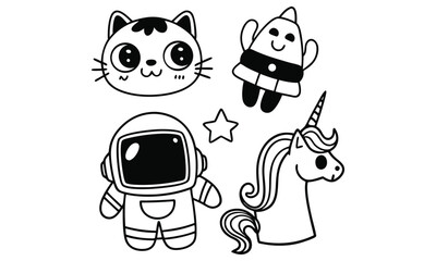 Cute black and white cartoon silhouette shapes of animals, food and objects