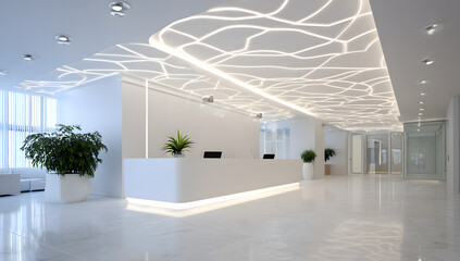 Modern office lobby with curved ceiling design and LED reception desk