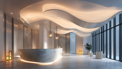 Contemporary office lobby with beige interior and curved ceiling lights