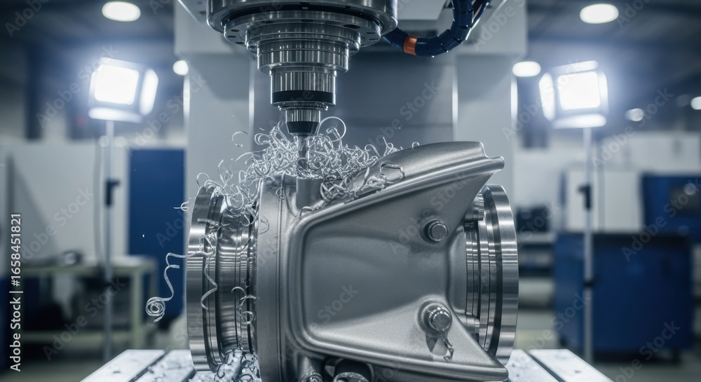 Poster fiveaxis cnc milling machine sculpting a titanium rocket turbopump housing with complex contours and