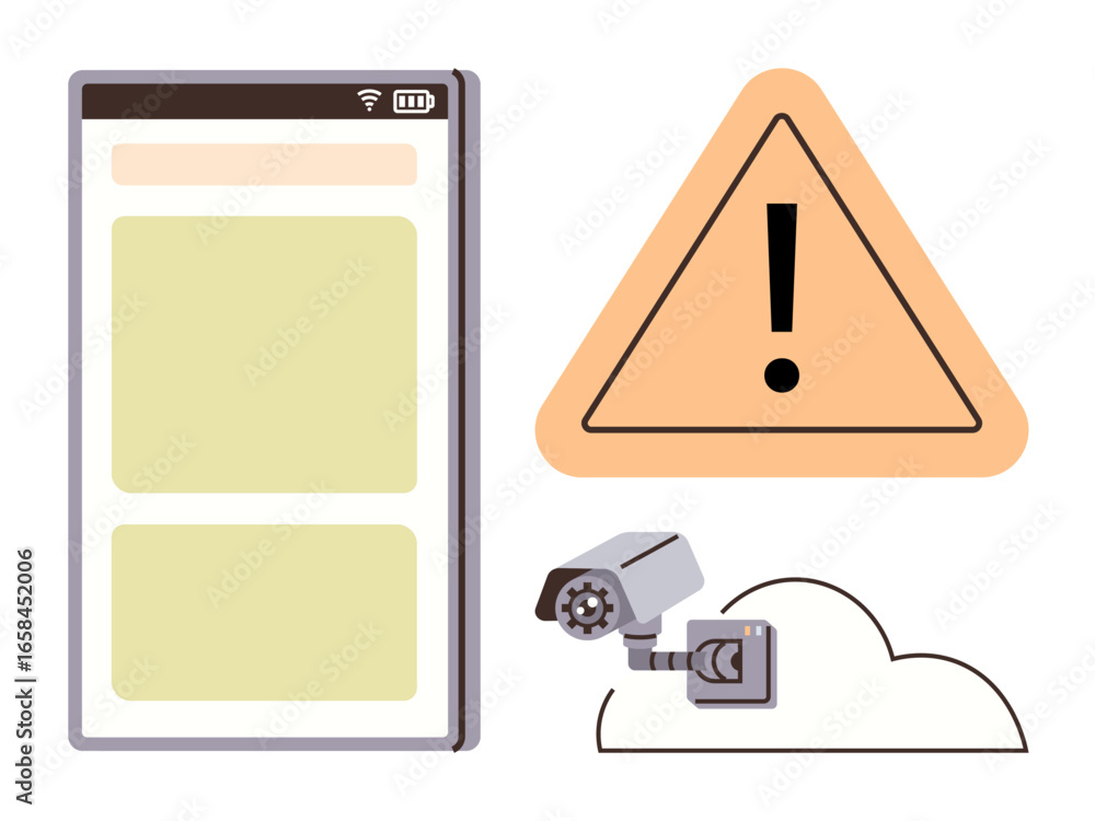 Poster smartphone interface next to caution sign and surveillance camera connected to cloud. ideal for cybe