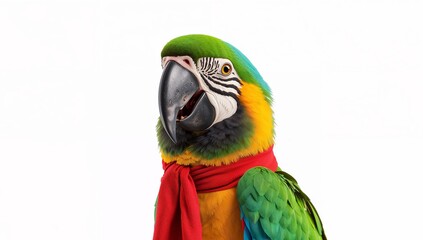 Portrait of a Colorful Macaw Parrot with a Red Scarf on a White Background.