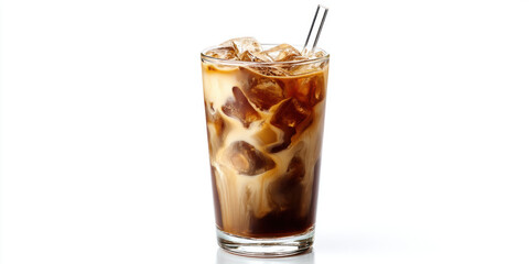 Iced Latte, A tall, clear glass filled with an iced latte, showing the separation of dark espresso, white milk, and melting ice cubes, on a pure white background. Refreshing.