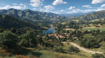 Fototapeta premium Serene Village in Mountain Valley