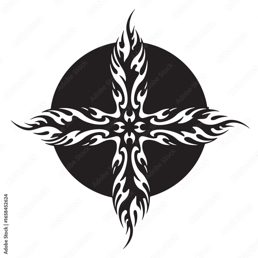 Poster elegant tribal cross design with flame-like details centered on a black circular background