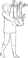 One continuous line drawing on white isolated background. Minimalism linear illustration. flower, girl, person, woman, summer, female, walking, bouquet, smiling, child