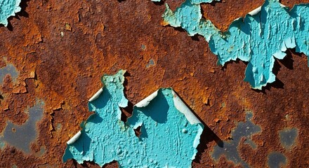 Distressed metal texture with peeling blue paint, creating abstract rusty patterns and vintage feel