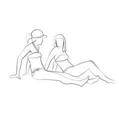 One continuous line drawing on white isolated background. Minimalism linear illustration. summer, vacation, beach, person, sea, girl, female, fun, swimwear, woman