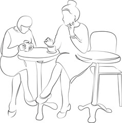 One continuous line drawing on white isolated background. Minimalism linear illustration. sitting, table, woman, cafe, drinking, adult, lifestyle, friendship, coffee - drink