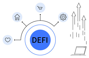 DEFI hub connects icons for home, shopping, technology, and finance, linked to growth arrows and laptop. Ideal for fintech, cryptocurrency, innovation, economy efficiency progress simple flat