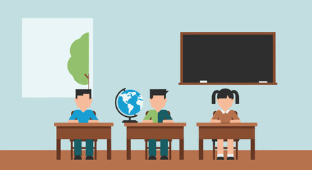 Diverse Group of School Children Sitting at Desks Inside Classroom with Blackboard and Globe, Education Concept, Learning Environment, Child Development and School Fun