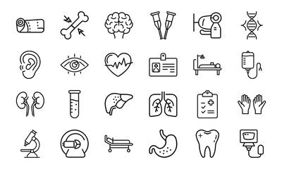 "Medical Healthcare Outline Icons Set Hospital Equipment, Anatomy, Surgery, First Aid, Doctor Tools, Pharmacy, Emergency, Laboratory, and Patient Care Vector Pack"
