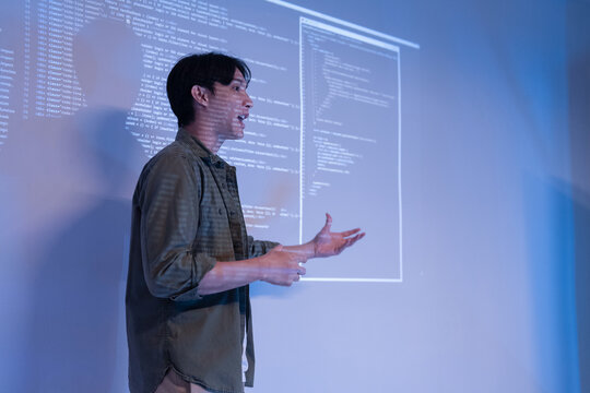 Ai tranformation business  meeting creative programer night meeting streamline business processes, and help businesses stay ahead of the competition Businessman reviewing project during presentation 