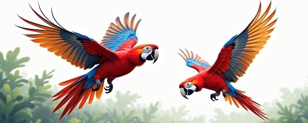 Fototapeta premium Two Scarlet macaws fly through rich green forest. Vibrant red, blue, yellow feathers in sharp detail against bright, airy background. Illustration captures birds in natural flight, exotic beauty,