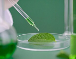 Green leaf, liquid drop, lab