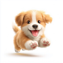 Joyful Puppy in Flight: An adorable puppy leaps with unrestrained glee, capturing the exuberance of youth and the boundless affection of pet ownership.