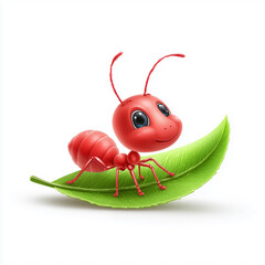 Smiling Ant on a Green Leaf: a charming cartoon ant sits contentedly atop a vibrant green leaf. The artwork captures a friendly and inviting atmosphere