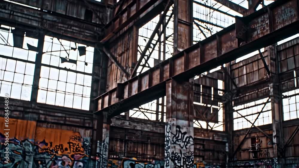 Poster soap bubbles float serenely inside of an old abandoned building with graffiti art