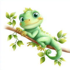 Smiling Chameleon Perched on Branch: A vibrant illustration of a friendly, cartoon chameleon, characterized by its bright green scales and expressive eyes, joyfully perched on a leafy branch