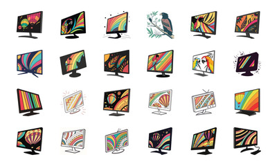 Colorful Retro and Modern Technology Gadgets Vector Icons – Vintage Camera, Computer, Cassette, Gaming Console, Smartwatch, Headphones, Smartphone, Speaker, VR, Router, and Multimedia Devices on Whit