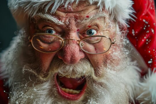 Close up portrait of santa claus shouting with an angry expression, wearing glasses and a snowy costume